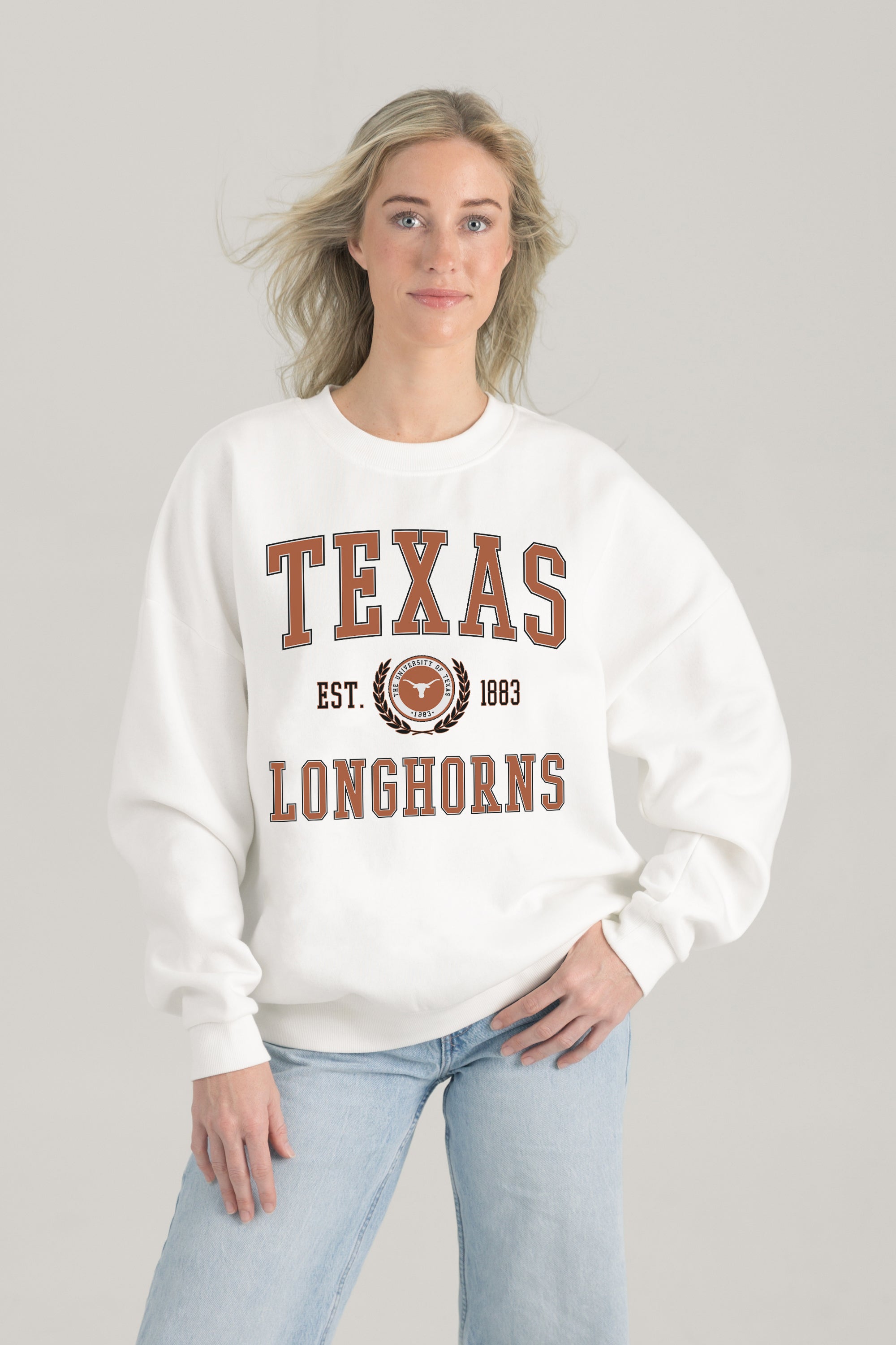 TEXAS LONGHORNS TIMELESS TRIUMPH PREMIUM FLEECE DROP SHOULDER CREWNECK PULLOVER