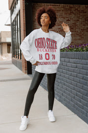 Ash Grey Ohio State Buckeyes Allegiance Premium Fleece Drop Shoulder Pullover - Styled with Leggings Front View | Gameday Couture - SOHO