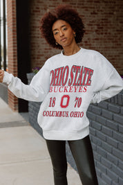 Ash Grey Ohio State Buckeyes Allegiance Premium Fleece Drop Shoulder Pullover - Graphic Close-Up On Model | Gameday Couture - SOHO