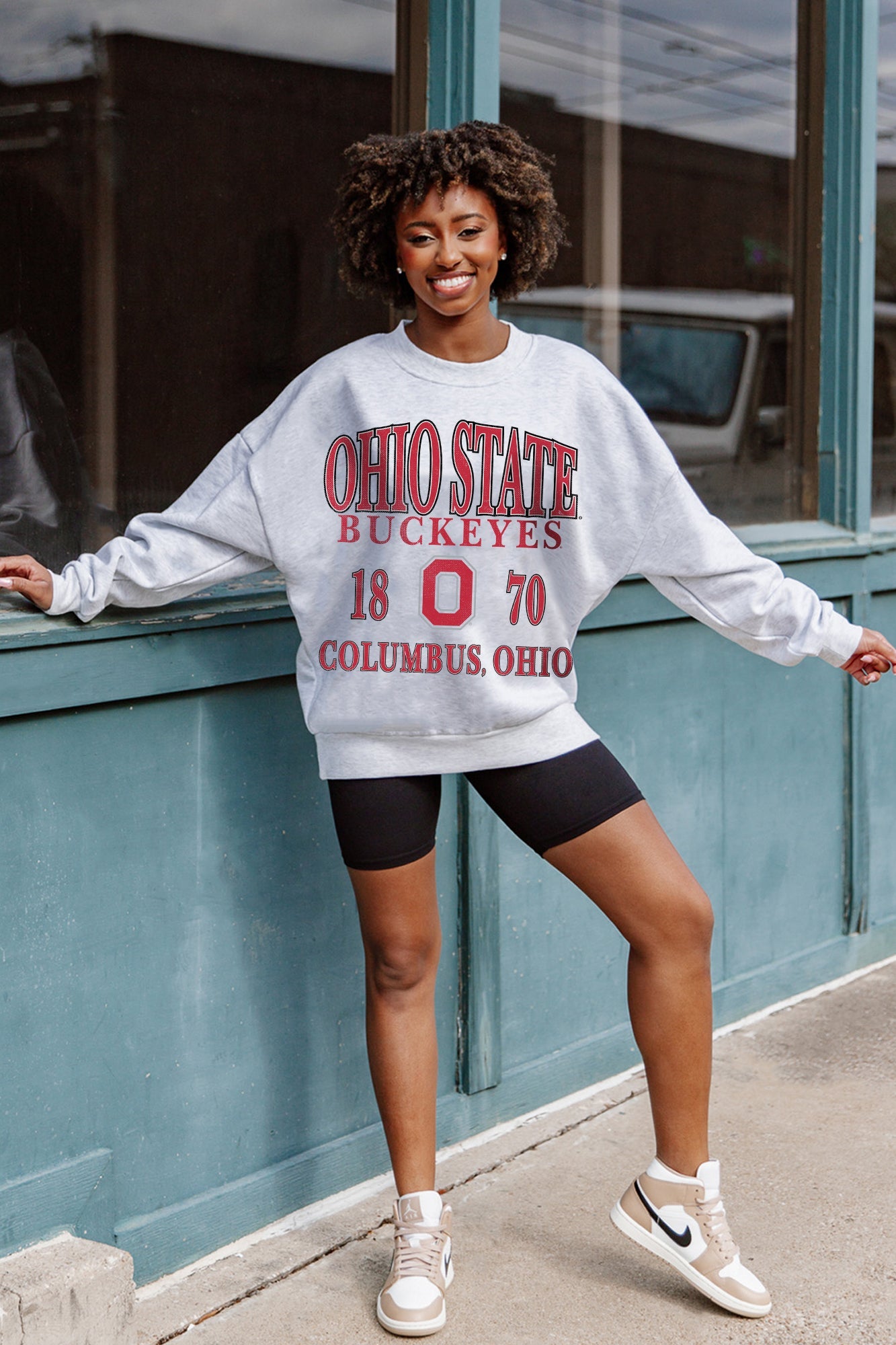 Ash Grey Ohio State Buckeyes Allegiance Premium Fleece Pullover styled with bike shorts and sneakers | Gameday Couture - SOHO