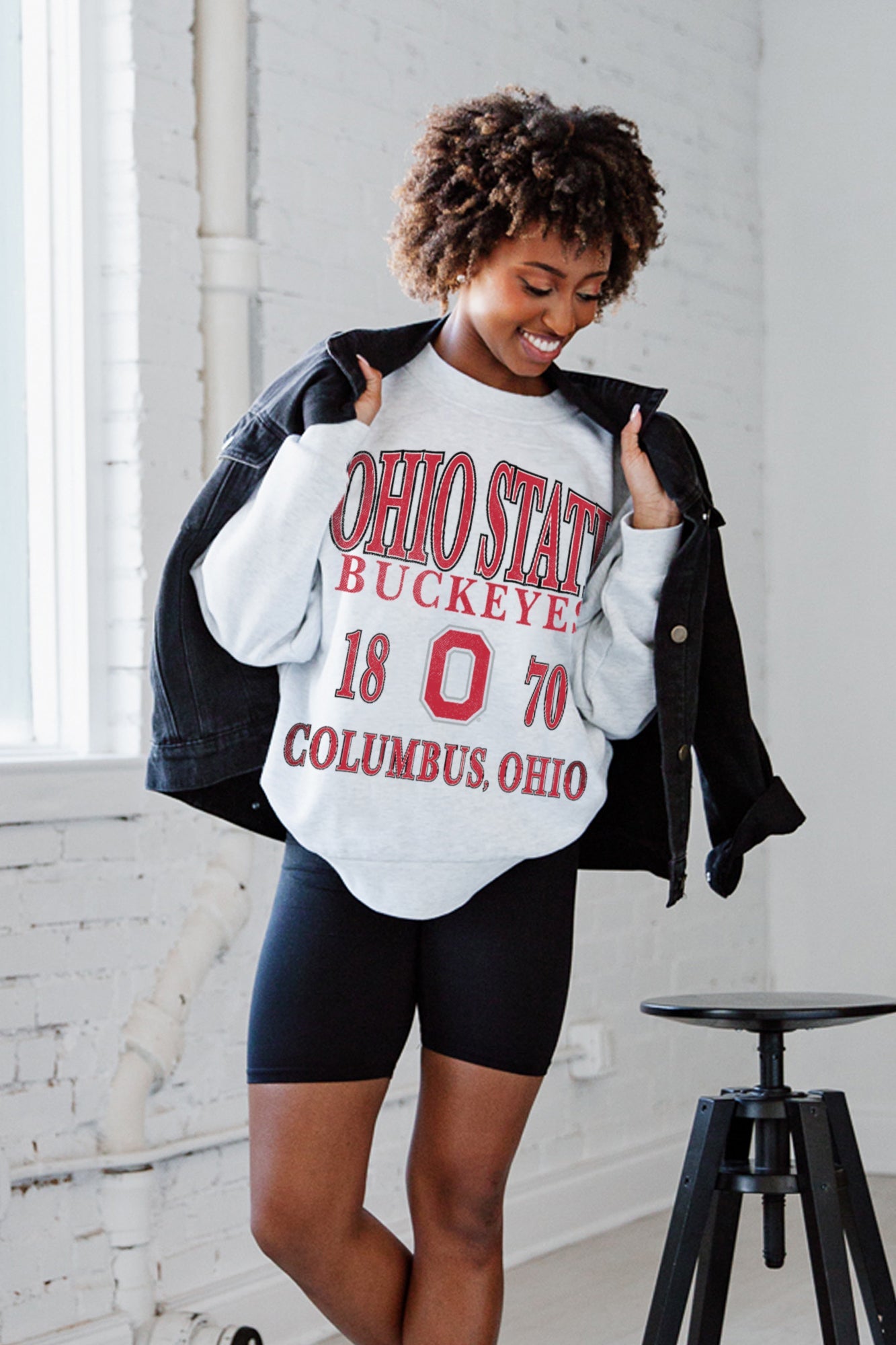 Ash Grey Ohio State Buckeyes Allegiance Premium Fleece Pullover layered under denim jacket - Styled Look | Gameday Couture - SOHO