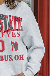 Ash Grey Ohio State Buckeyes Allegiance Fleece Pullover - Close-Up Scarlet and Grey Graphic Detail | Gameday Couture - SOHO