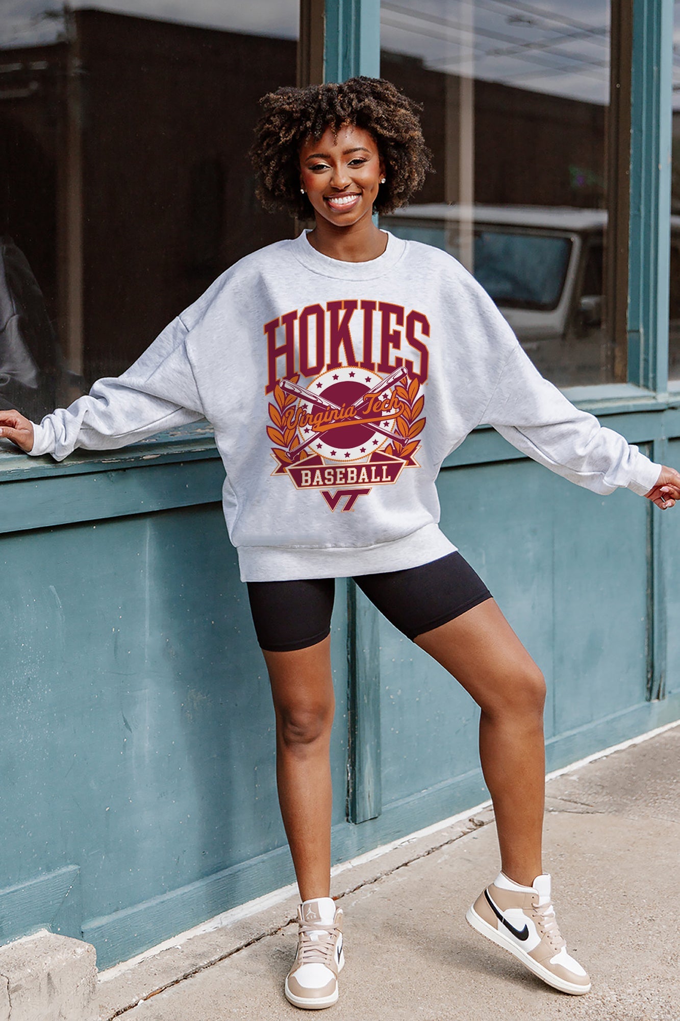 Ash Grey Virginia Tech Hokies Bases Loaded Fleece Drop-Shoulder Crew - Front View | Gameday Couture - SOHO