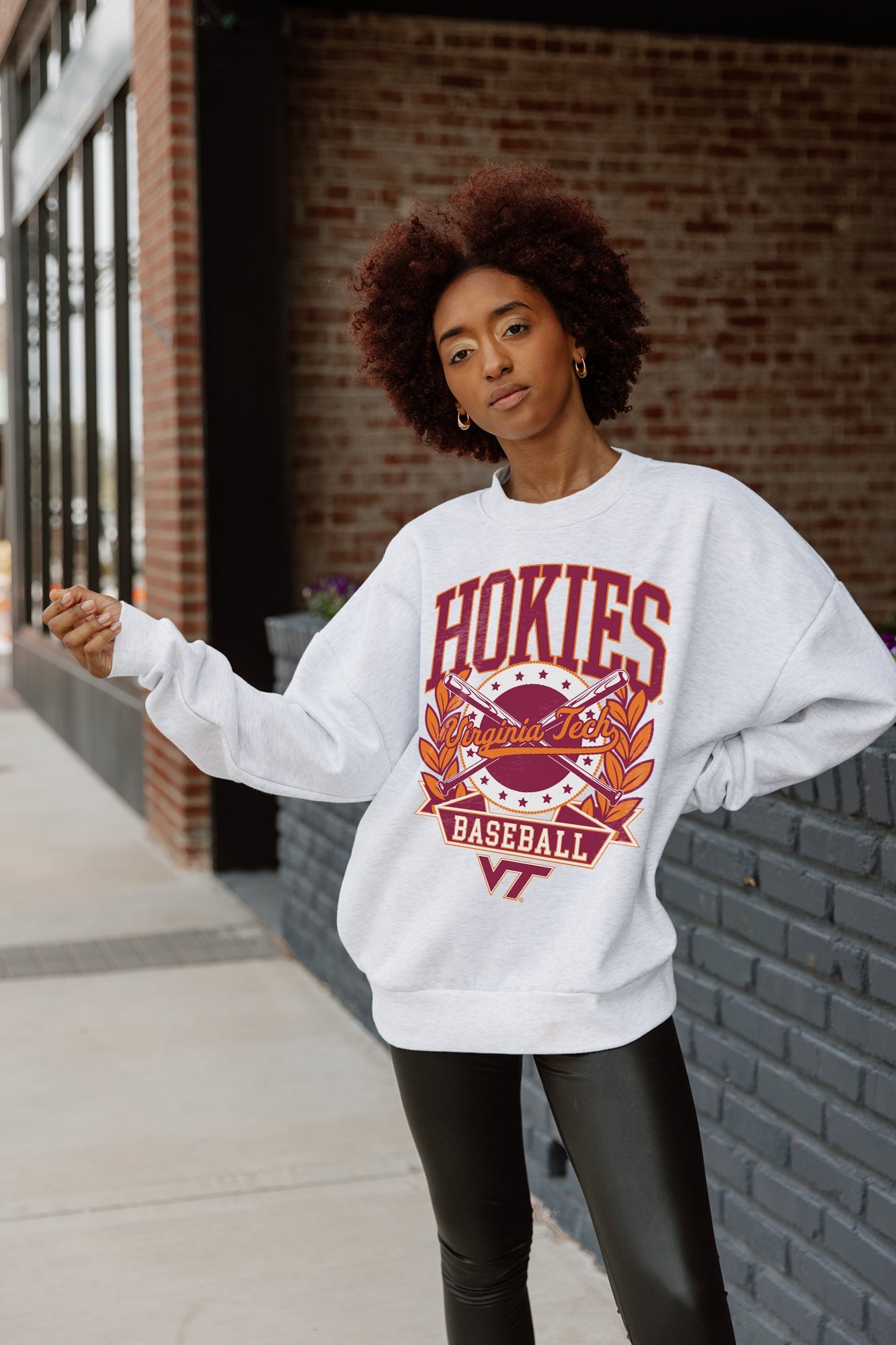 Virginia Tech Hokies Bases Loaded Premium Fleece Drop Shoulder Crewneck - Brick Wall Setting | Gameday Couture - SOHO
