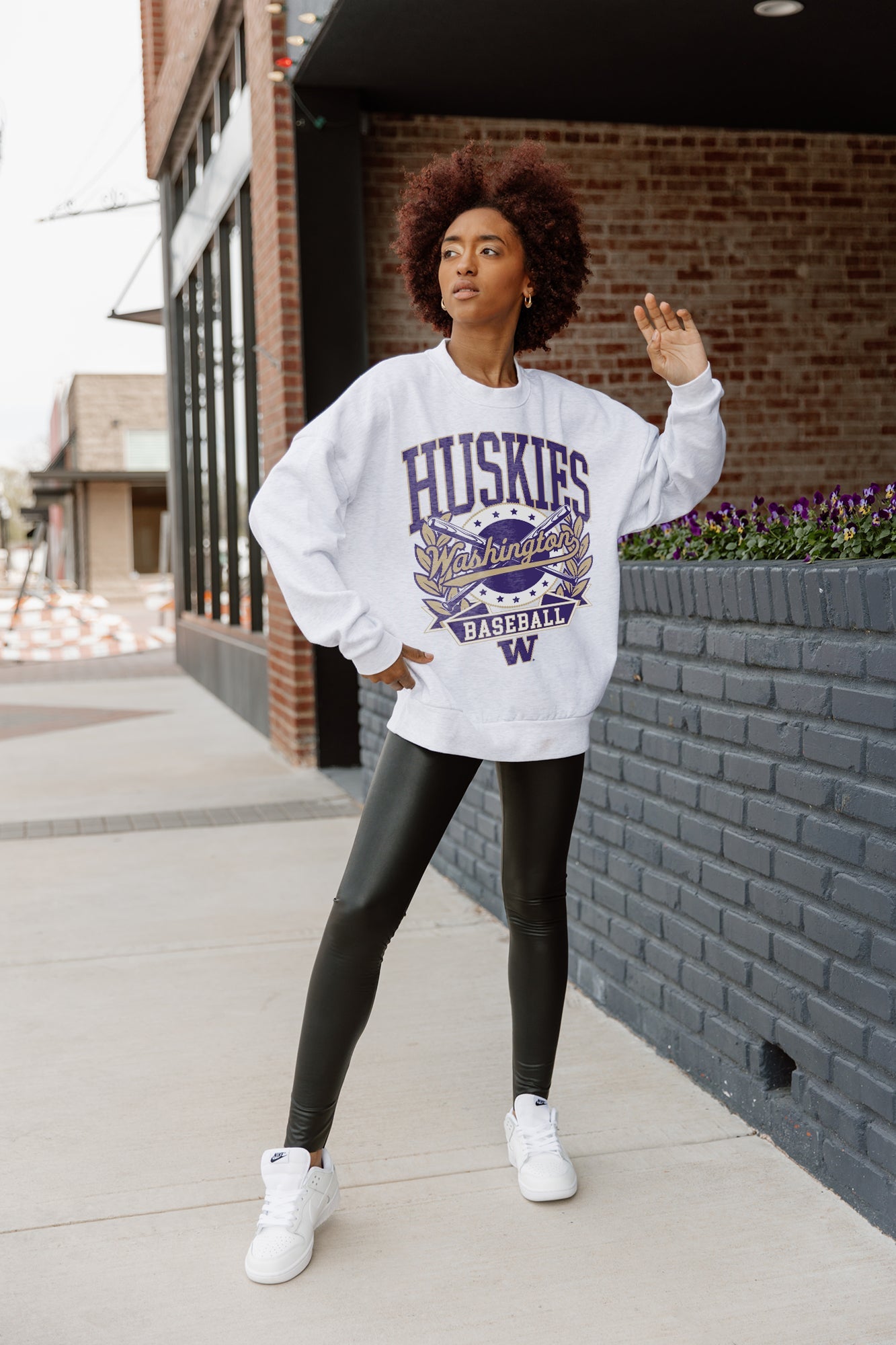 Ash Grey WASHINGTON HUSKIES BASES LOADED Drop Shoulder Crew - Front Detail | Gameday Couture - SOHO