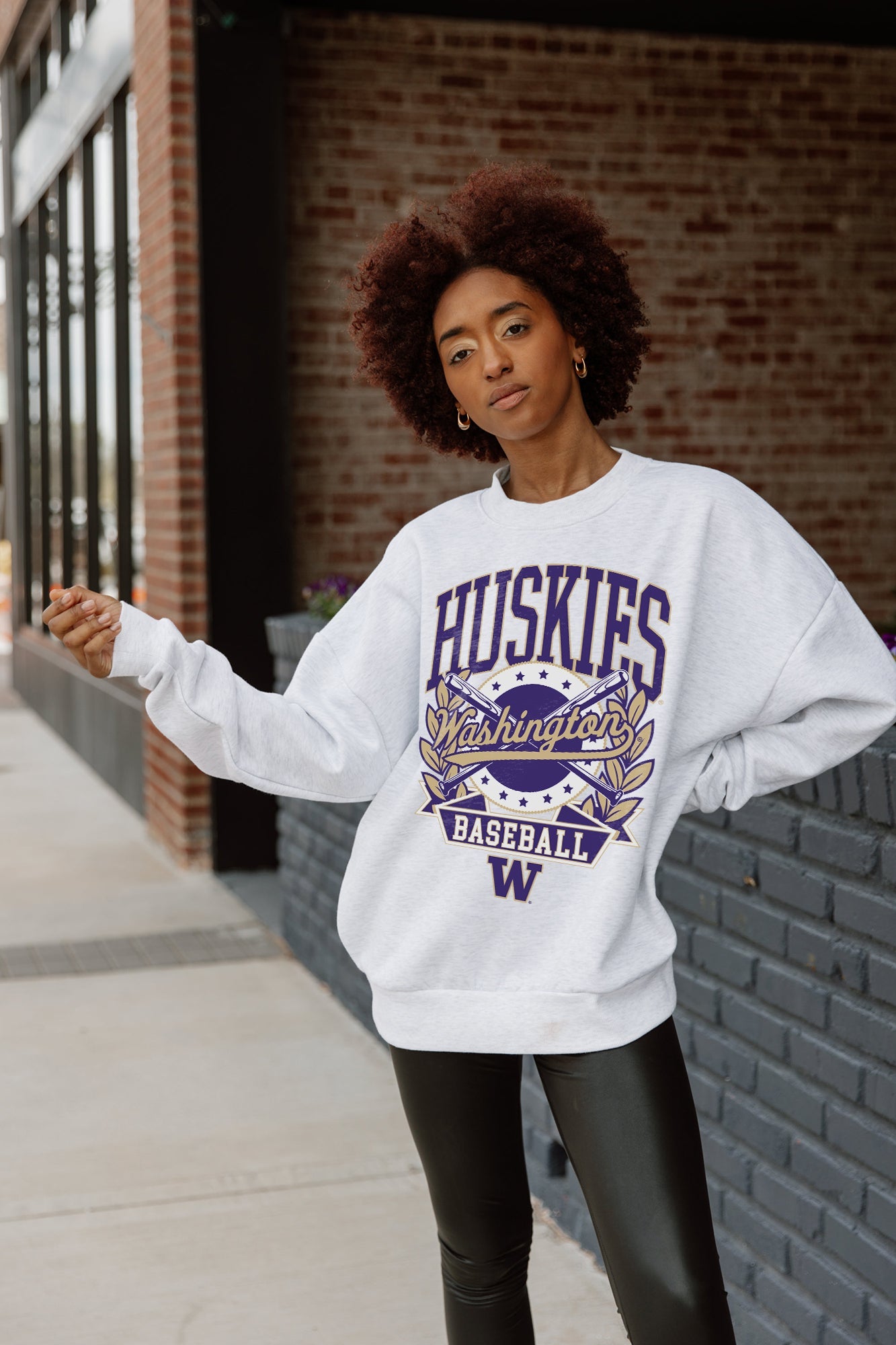 Ash Grey WASHINGTON HUSKIES BASES LOADED Oversized Fleece - On Model Front | Gameday Couture - SOHO