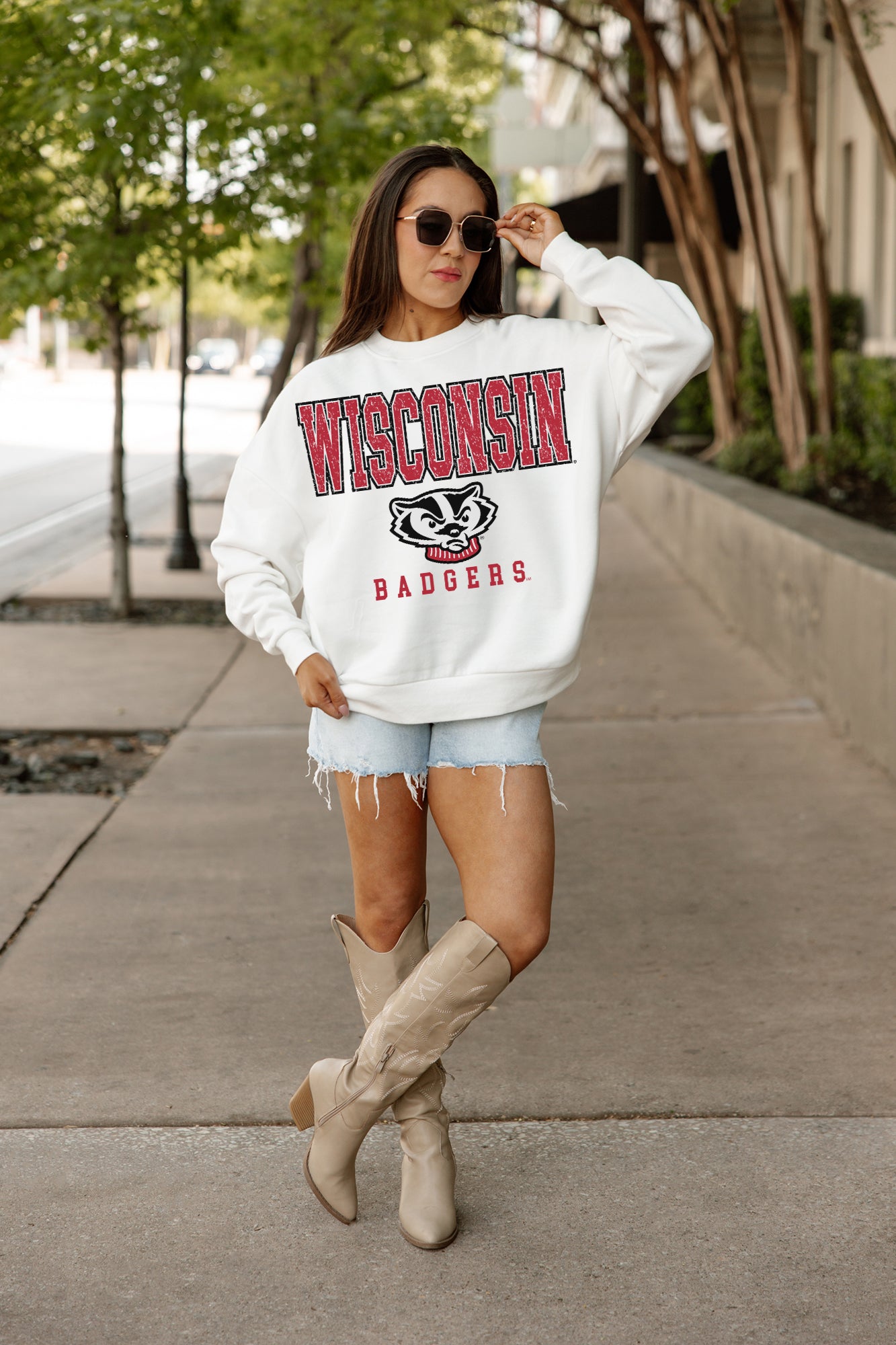 White WISCONSIN BADGERS Freestyle Fleece Drop-Shoulder Pullover - On Model | Gameday Couture - SOHO