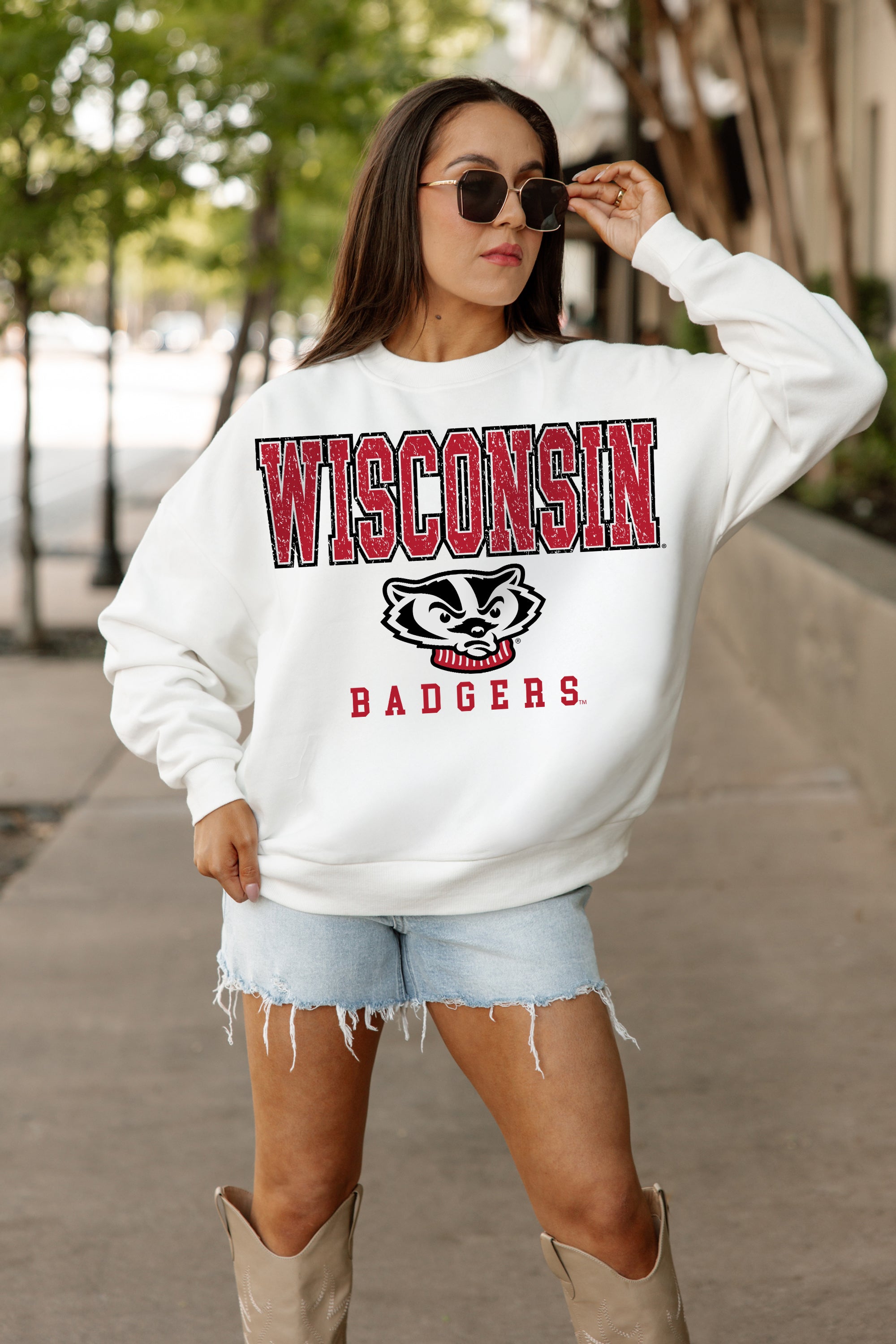White WISCONSIN BADGERS Freestyle Fleece Drop-Shoulder Pullover - Front View | Gameday Couture - SOHO