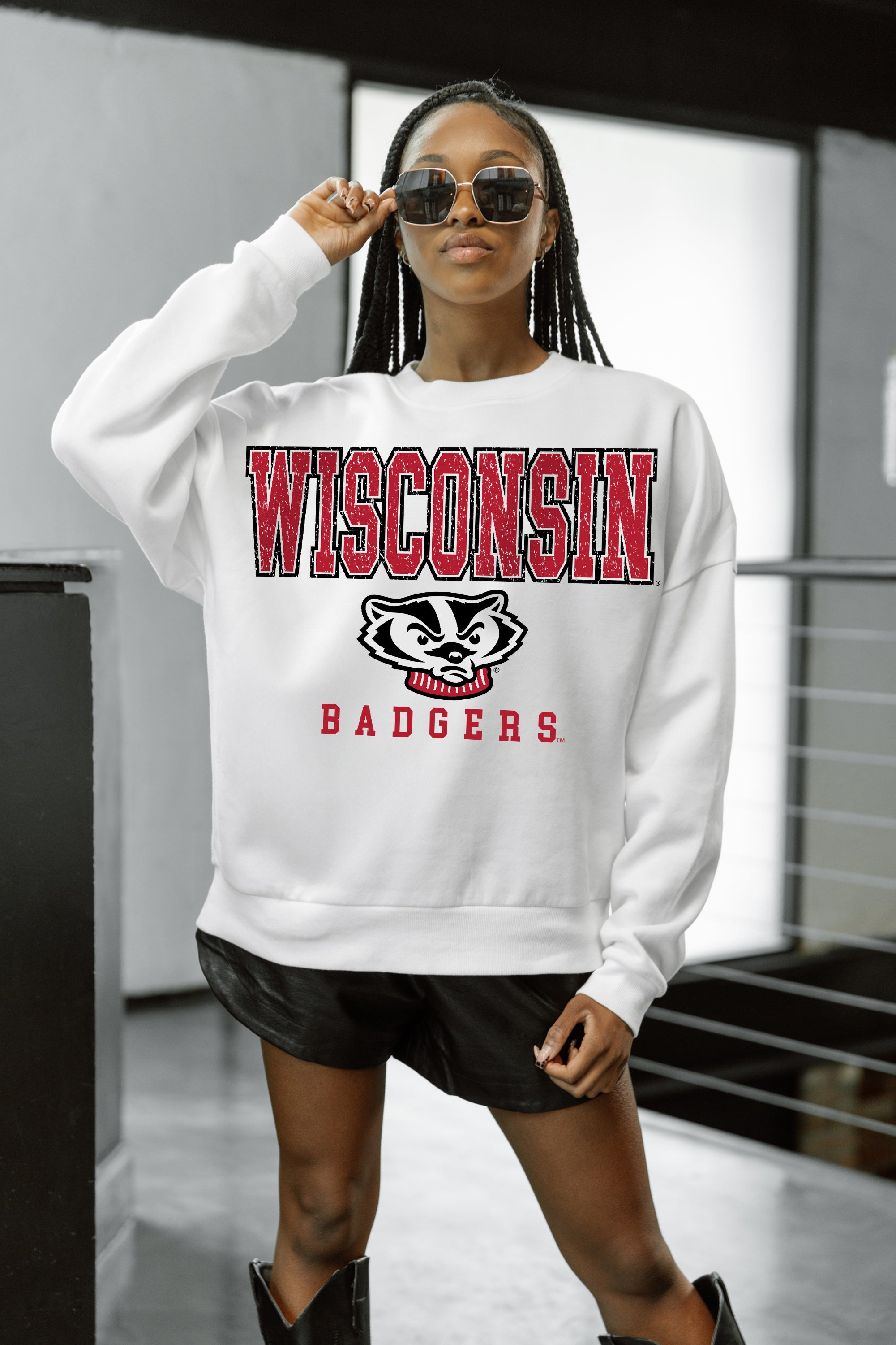 White WISCONSIN BADGERS Freestyle Fleece Drop-Shoulder Pullover - Styled Look | Gameday Couture - SOHO