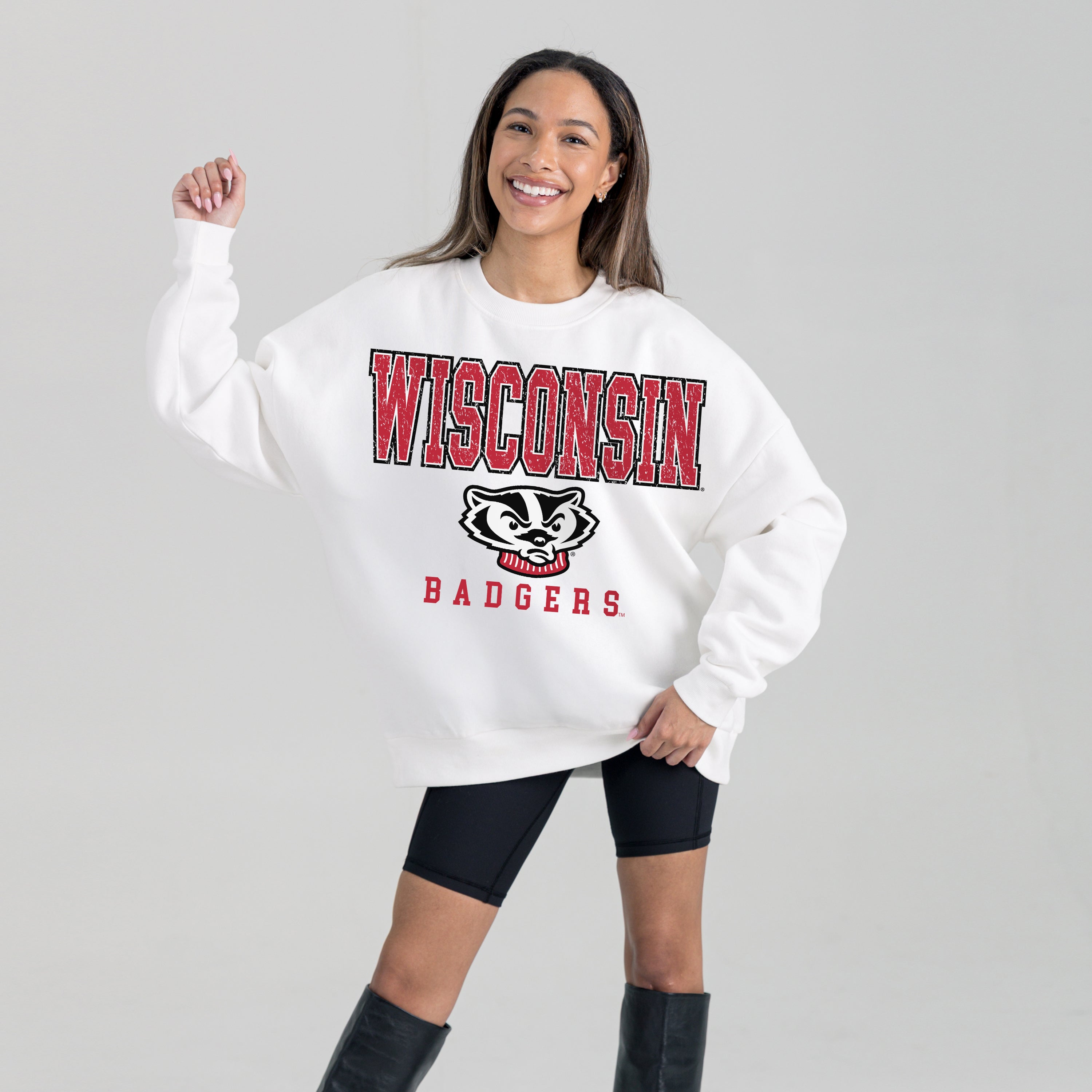 White WISCONSIN BADGERS Freestyle Fleece Drop-Shoulder Pullover - Studio Shot | Gameday Couture - SOHO