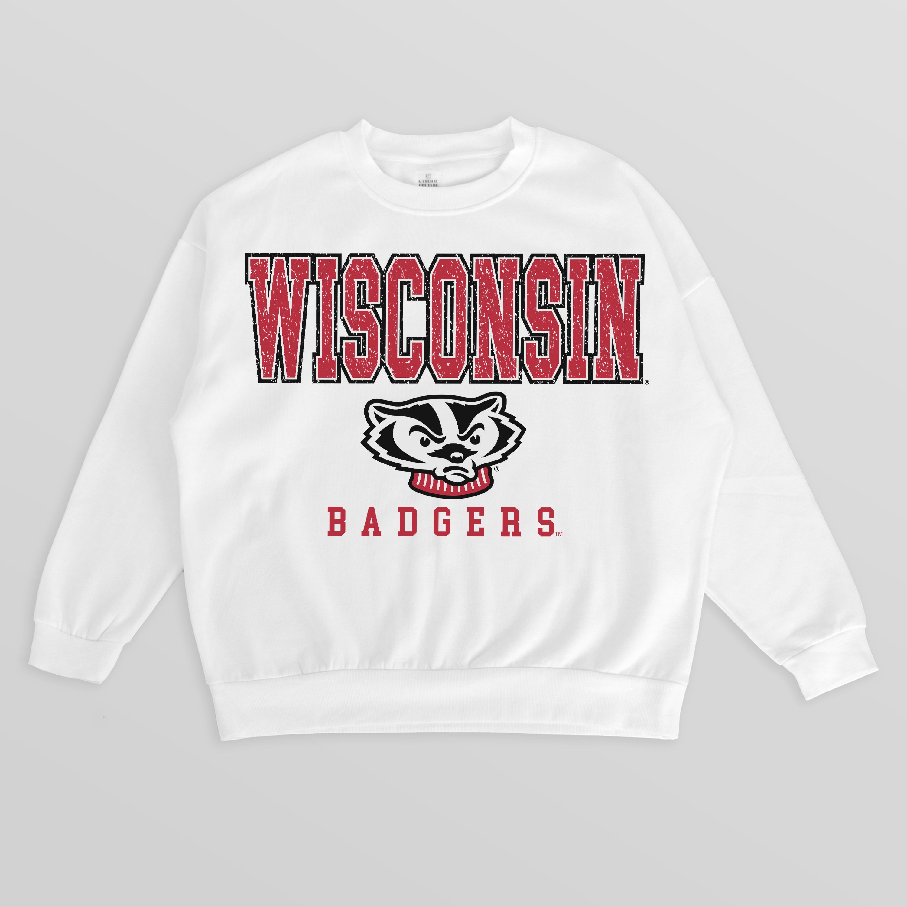White WISCONSIN BADGERS Freestyle Fleece Drop-Shoulder Pullover - Flat Lay | Gameday Couture - SOHO