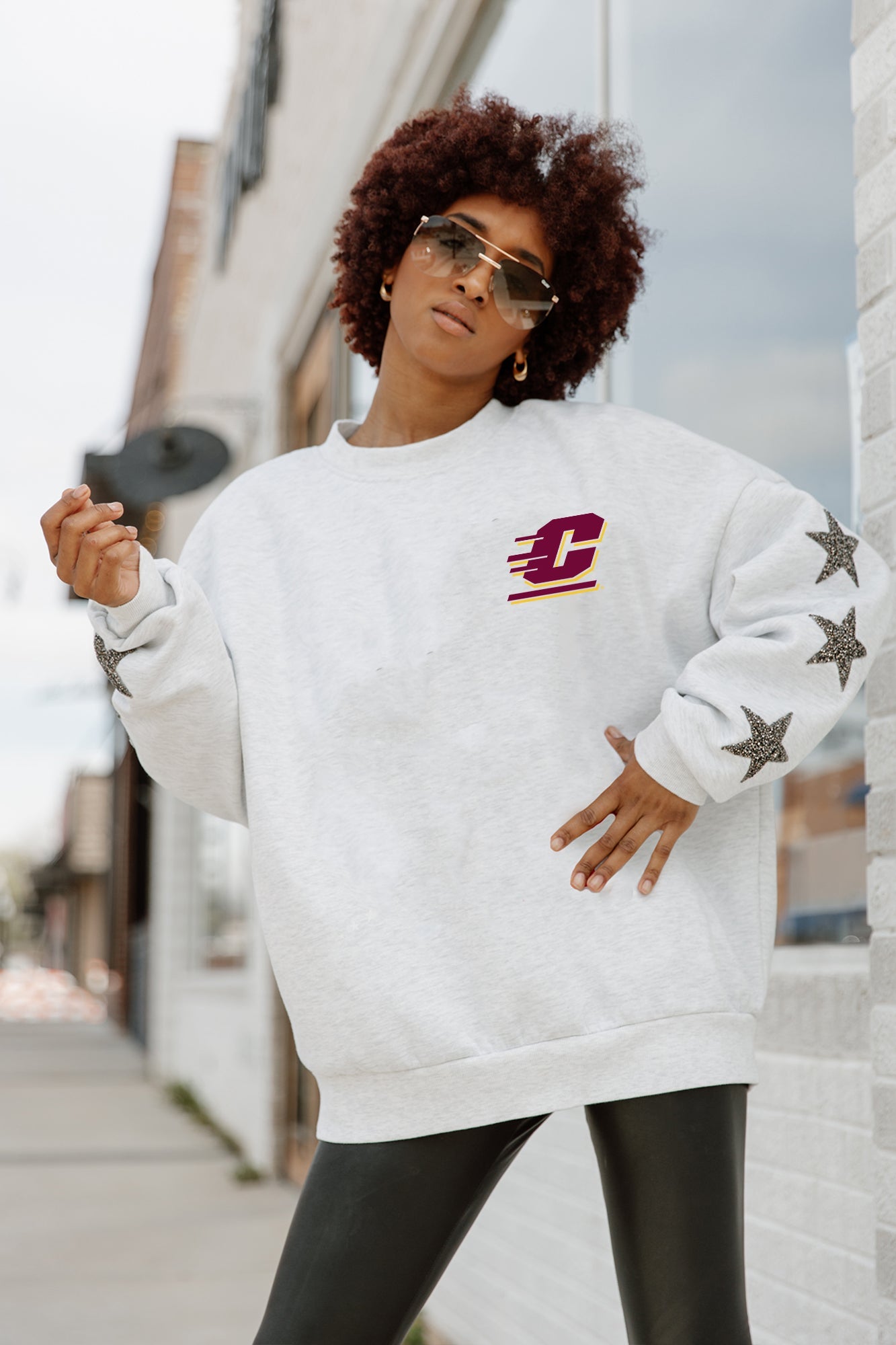 Ash Central Michigan Chippewas DEDICATION Star-Sleeve Crewneck Pullover - On Model Front View | Gameday Couture - SOHO
