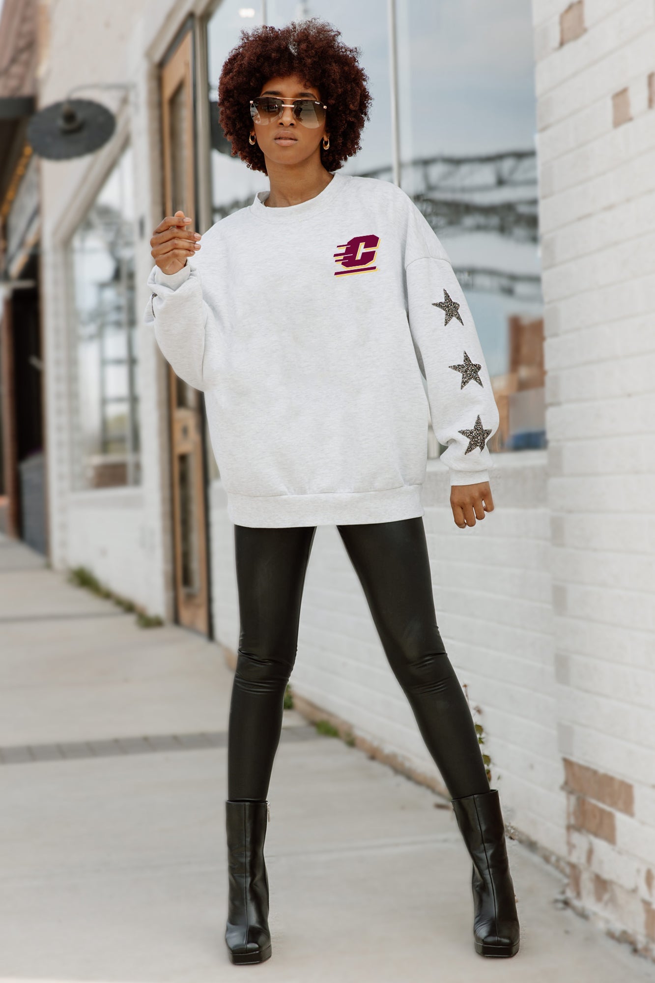 Ash Central Michigan Chippewas DEDICATION Embellished Star-Sleeve Pullover - Full Body Styled Look | Gameday Couture - SOHO