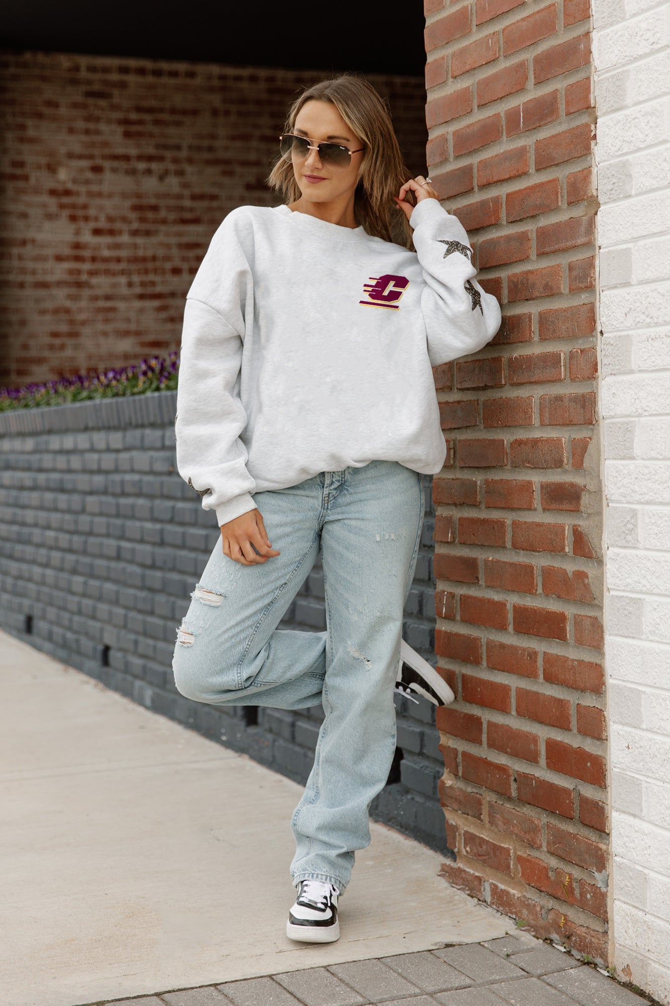 Ash Central Michigan Chippewas DEDICATION Star-Sleeve Crewneck Pullover - Back View with Script Lettering | Gameday Couture - SOHO