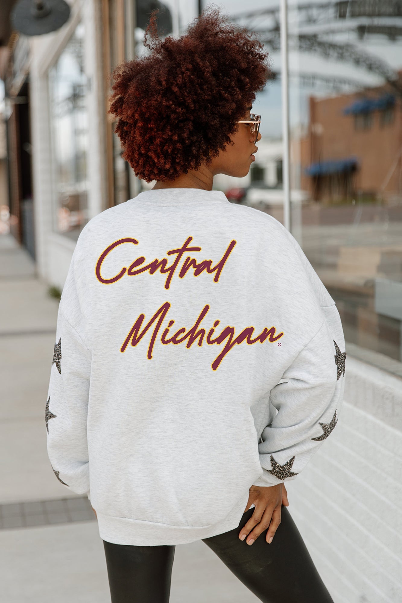 Ash Central Michigan Chippewas DEDICATION Pullover - Back Detail Maroon Gold Script & Glitter Stars | Gameday Couture - SOHO