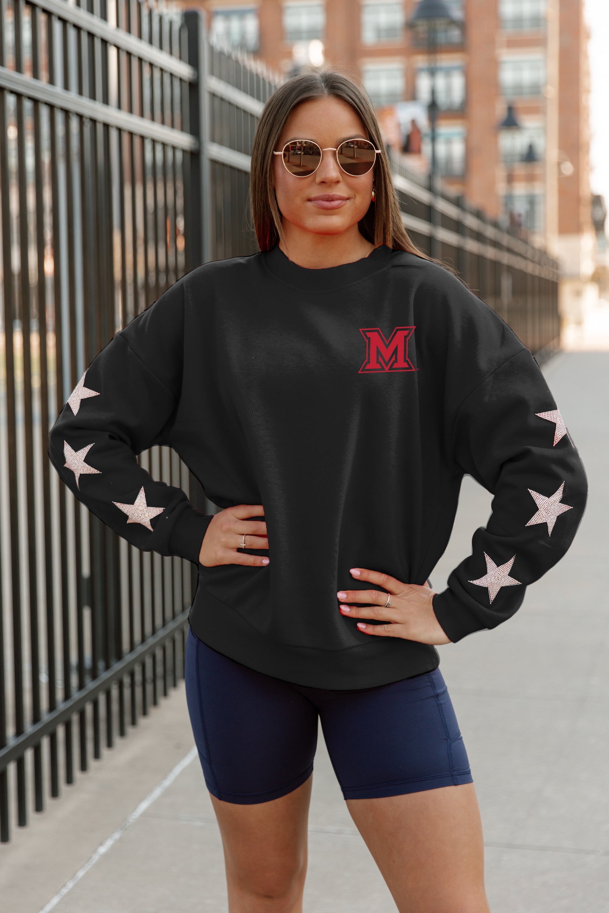 Black Miami Redhawks Dedication Star-Sleeve Crewneck - Urban Setting | Gameday Couture - SOHO