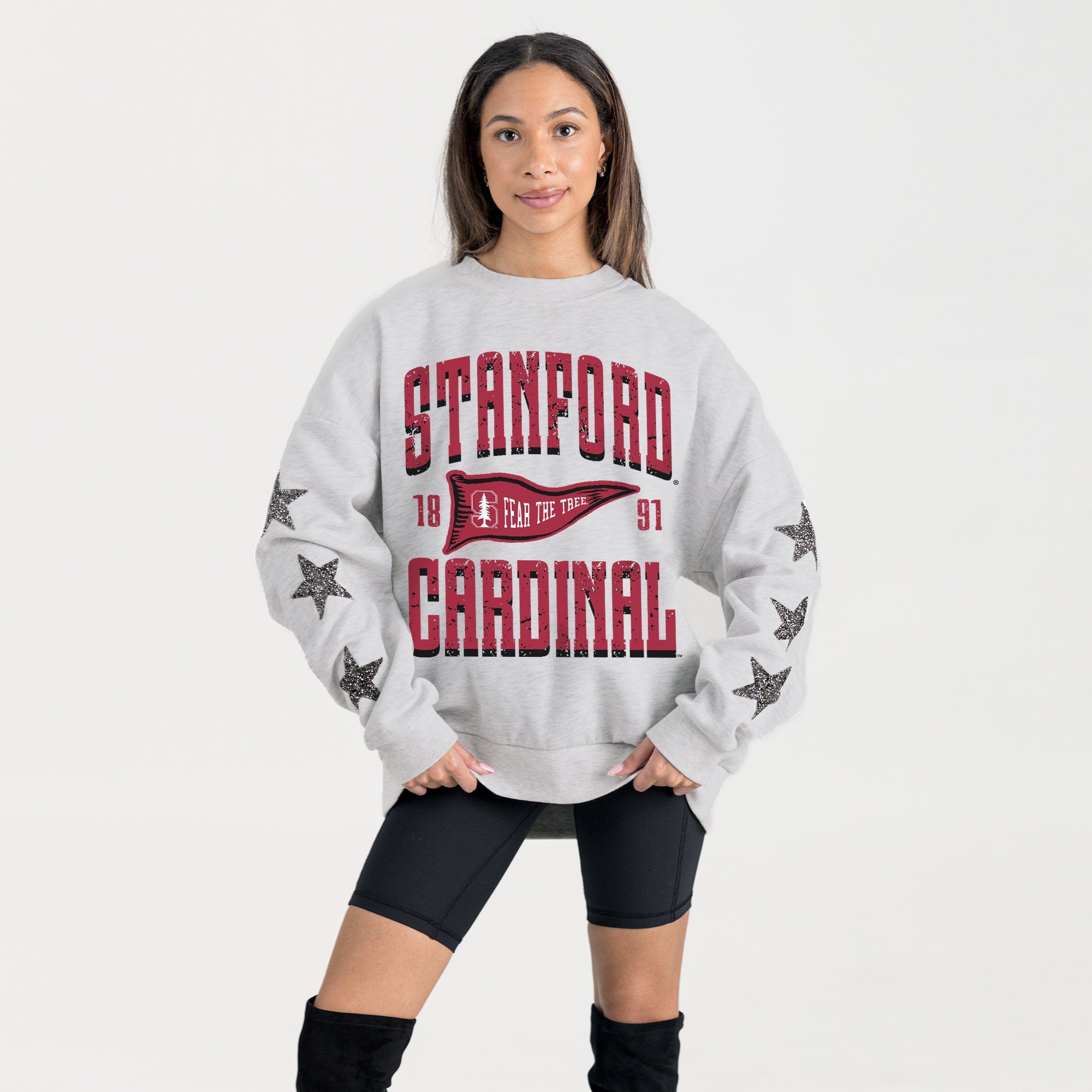 STANFORD CARDINAL PENNANT PRIDE EMBELLISHED STAR SLEEVE CREWNECK PULLOVER