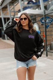 Black TCU HORNED FROGS DEDICATION EMBELLISHED STAR SLEEVE CREWNECK PULLOVER - Styled Look | Gameday Couture - SOHO