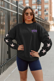 Black TCU HORNED FROGS DEDICATION EMBELLISHED STAR SLEEVE CREWNECK PULLOVER - Full Front | Gameday Couture - SOHO