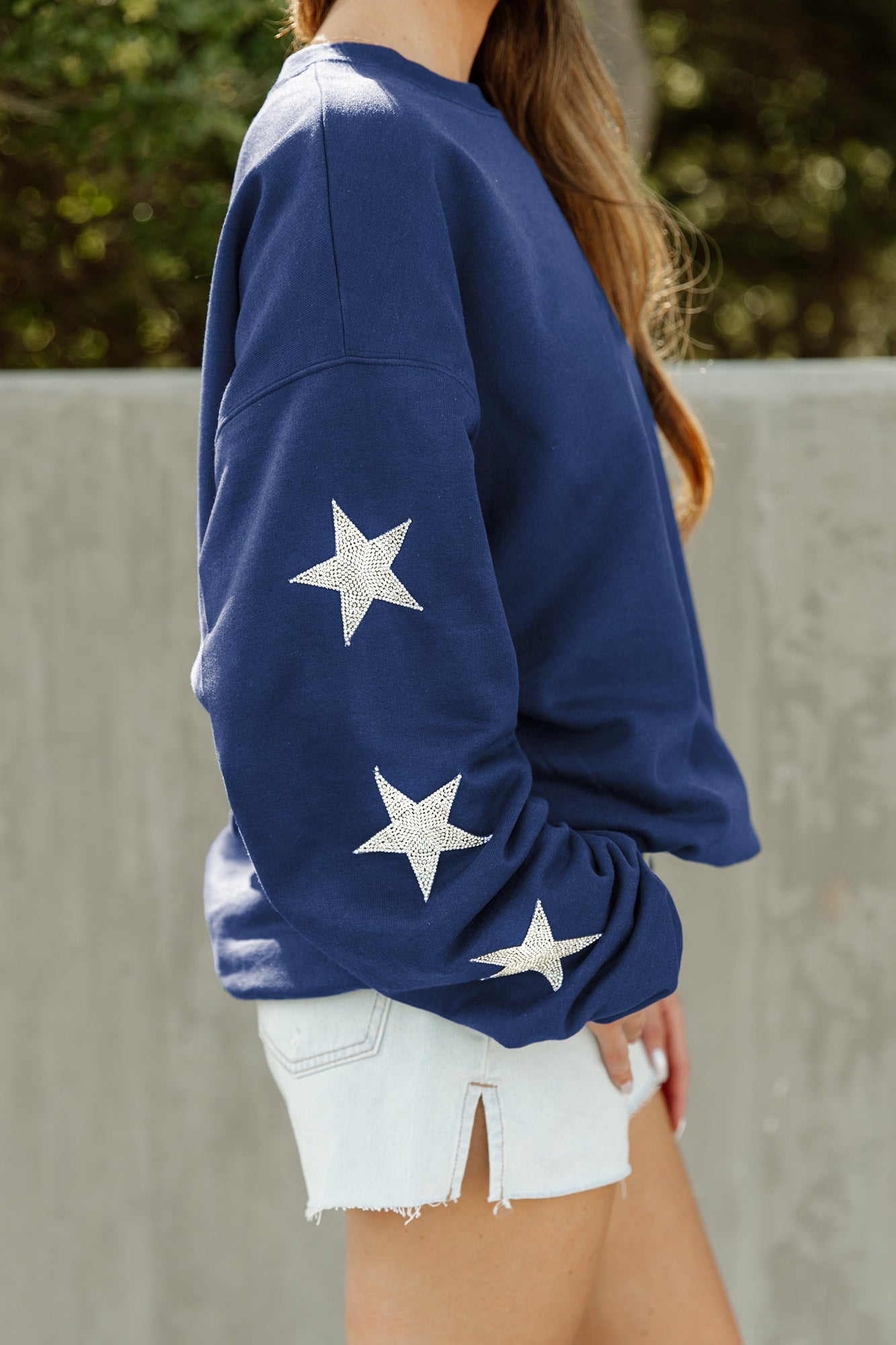 Navy Baseball Mom Crewneck Pullover - Rhinestone Star Sleeve Detail Close-Up | Gameday Couture - SOHO
