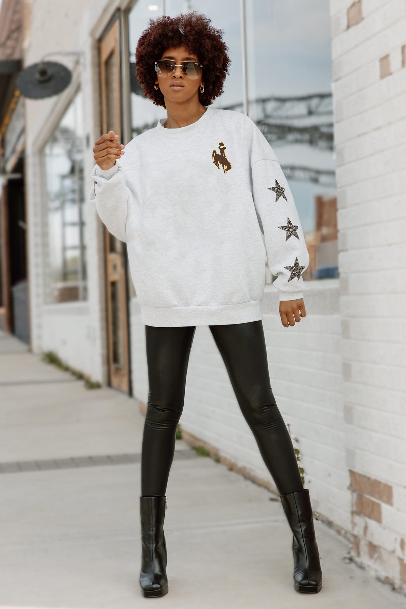 Ash Wyoming Cowboys Dedication Star-Sleeve Crewneck Pullover - Full Body Styled Look | Gameday Couture - SOHO
