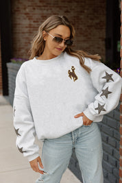 Ash Wyoming Cowboys Embellished Star-Sleeve Pullover - On Model with Jeans, Front Detail | Gameday Couture - SOHO