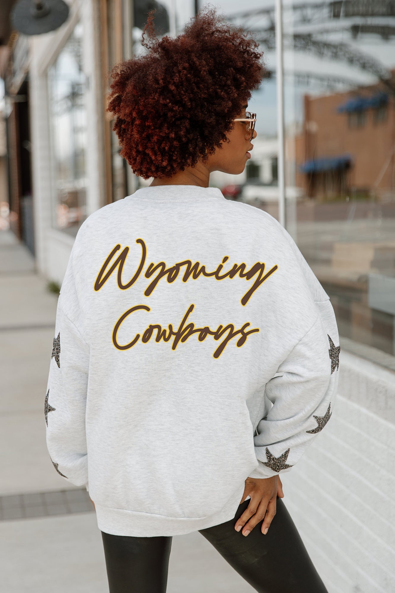 Ash Wyoming Cowboys Dedication Embellished Star-Sleeve Crewneck Pullover - Back View Script Graphic | Gameday Couture - SOHO