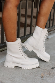 Ivory Sparkle Combat Boots with Chunky Treaded Sole - Side Angle | Gameday Couture - SOHO