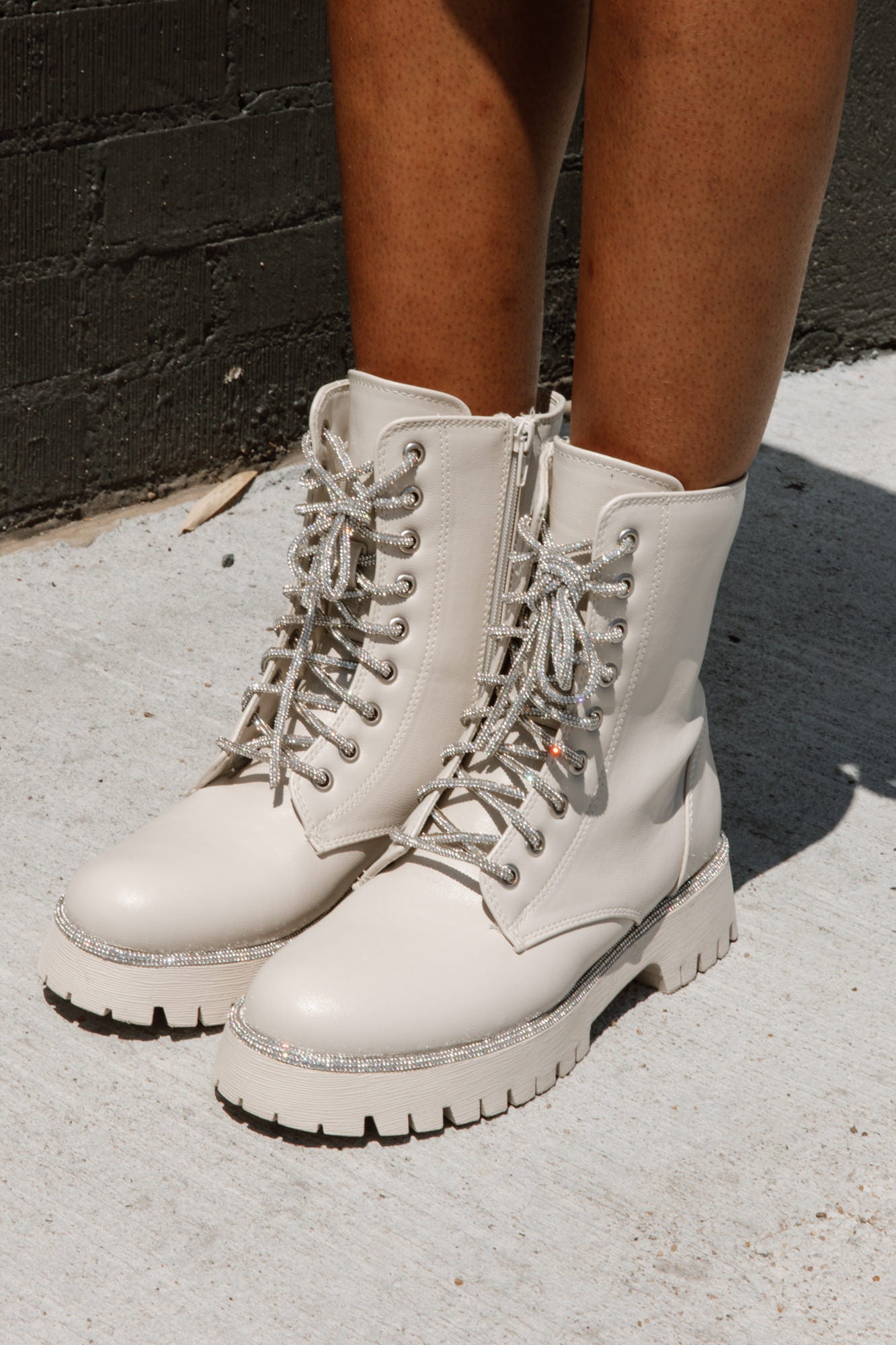 Ivory Sparkle Combat Boots with Rhinestone Laces - Close-Up Detail | Gameday Couture - SOHO