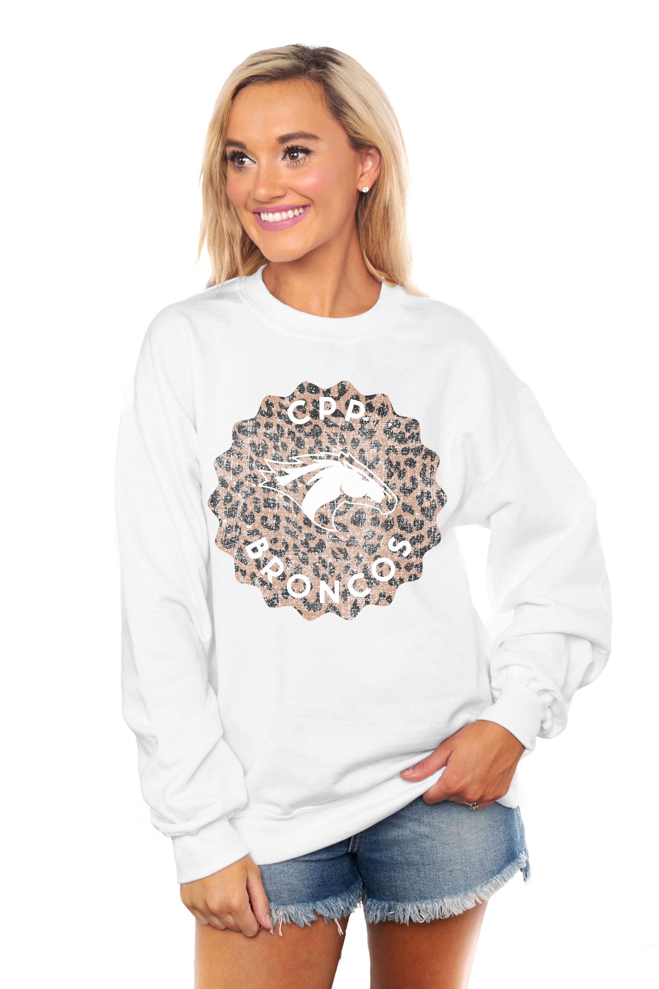 White Cal Poly Broncos Fleece Crew Sweatshirt - Front View On Model | Gameday Couture - SOHO