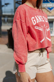 Red ITS TIME TO GO VINTAGE WASHED CROP SWEATSHIRT - Side Graphic & Raw Hem Detail | Gameday Couture - SOHO