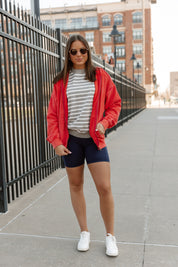 Red Corduroy Vintage Vibe Zip Hoodie - Full Body Lifestyle Shot | Gameday Couture - SOHO