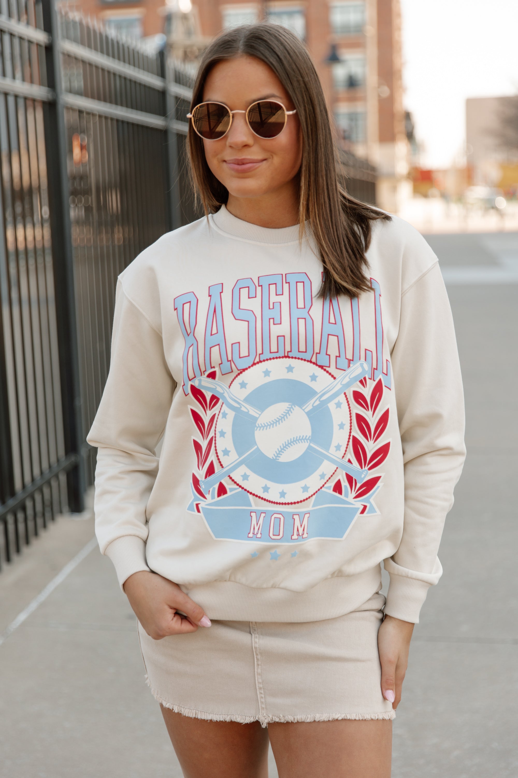 Cream Baseball Babe Graphic Pullover - Sunglasses Lifestyle Shot | Gameday Couture - SOHO