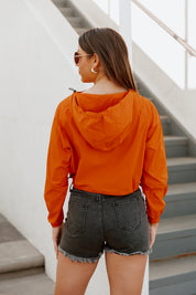 Orange RAINY DAY ESCAPE JACKET - Back View with Hood On Model | Gameday Couture - SOHO