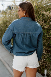 DENIM DREAMER CROP TOP IN NAVY - Back View, Gathered Yoke Detail, Blue Chambray Crop Top | Gameday Couture - SOHO