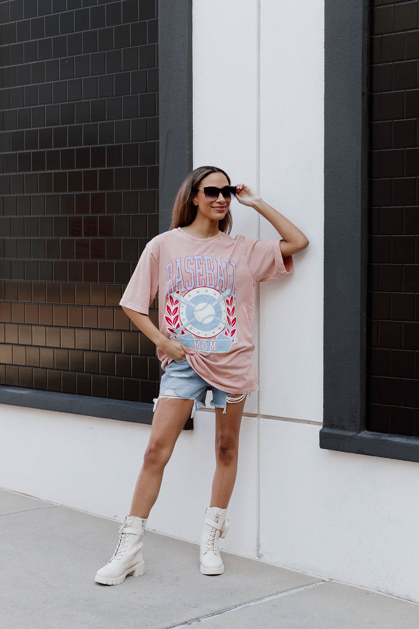 Pink VICTORY VIBES GRAPHIC TEE Baseball Mom - Front On Model | Gameday Couture - SOHO