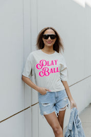 Tan Baseball Crop Tee with Pink Play Ball Graphic - On Model | Gameday Couture - SOHO