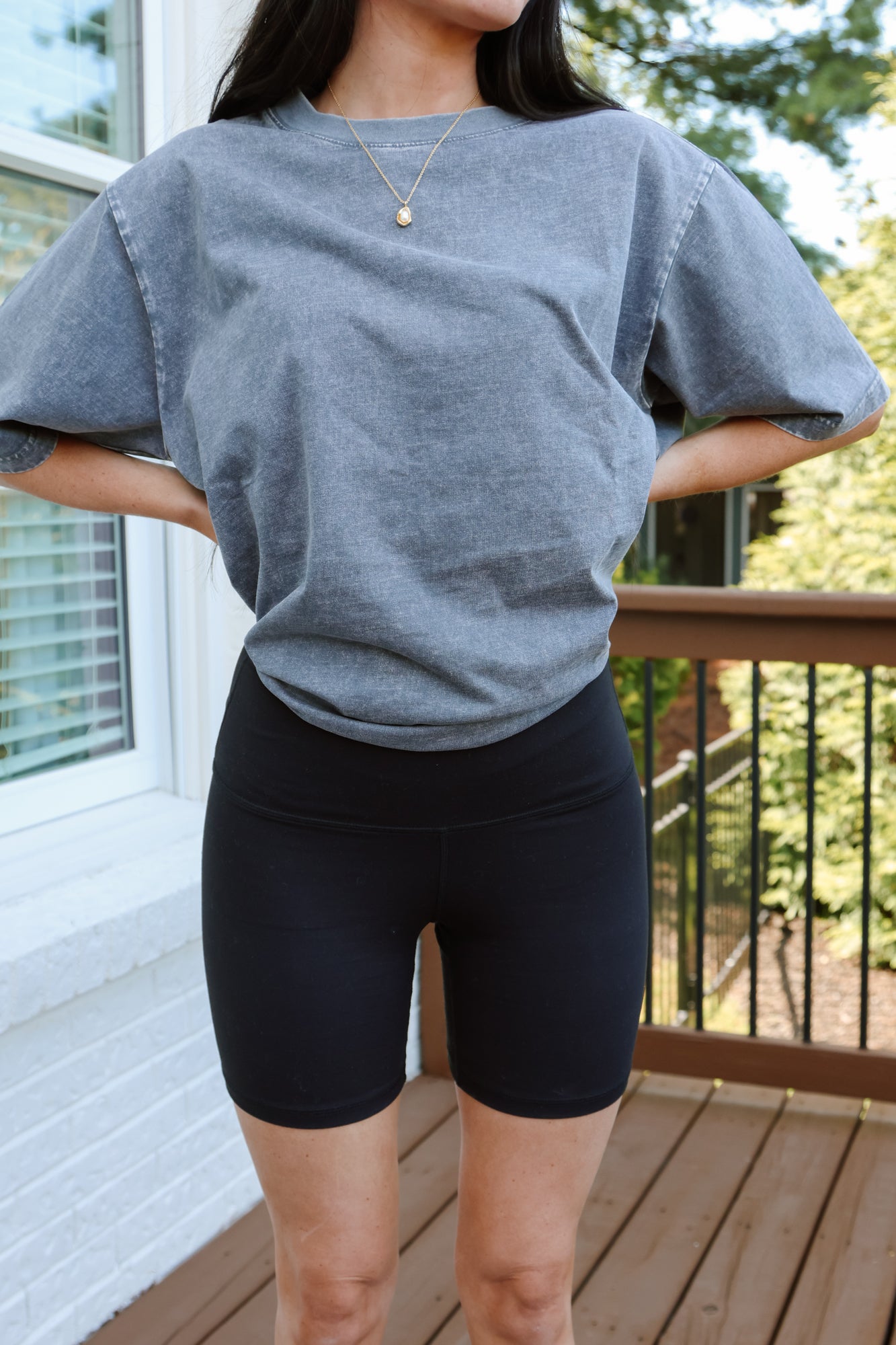 Black CHIC BREEZE BIKER SHORTS - On Model Front View, Styled with Oversized Tee | Gameday Couture - SOHO