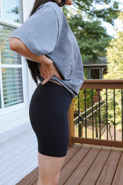Black CHIC BREEZE BIKER SHORTS - On Model Side Profile View, Flattering Fit | Gameday Couture - SOHO