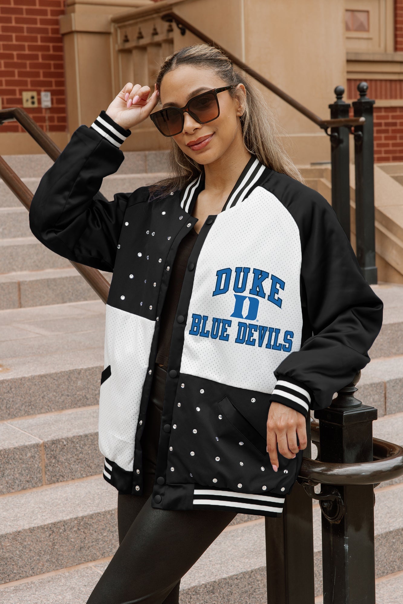 Black & White Duke Blue Devils Throwback Varsity Bomber Jacket - On Model Front View | Gameday Couture - SOHO