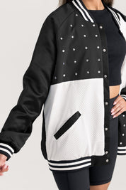 Black Duke Blue Devils Throwback Varsity Bomber Jacket - Rhinestone & Mesh Detail Close-Up | Gameday Couture - SOHO