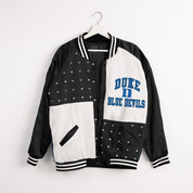 Black & White Duke Blue Devils Rhinestone Varsity Bomber Jacket - Hanger Flat Front View | Gameday Couture - SOHO
