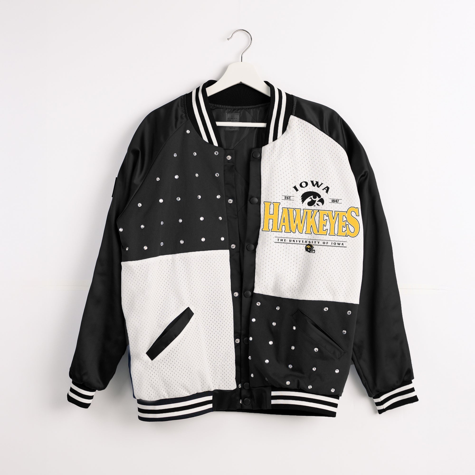 Black & White Iowa Hawkeyes Inner Drive Throwback Varsity Bomber Jacket - Hanger Front View | Gameday Couture - SOHO