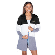 BALTIMORE RAVENS INSIGNIA WOMEN'S LIGHTWEIGHT LONG SLEEVE HOODED CARDIGAN WITH OPEN FRONT AND BOLD COLORBLOCK DETAIL