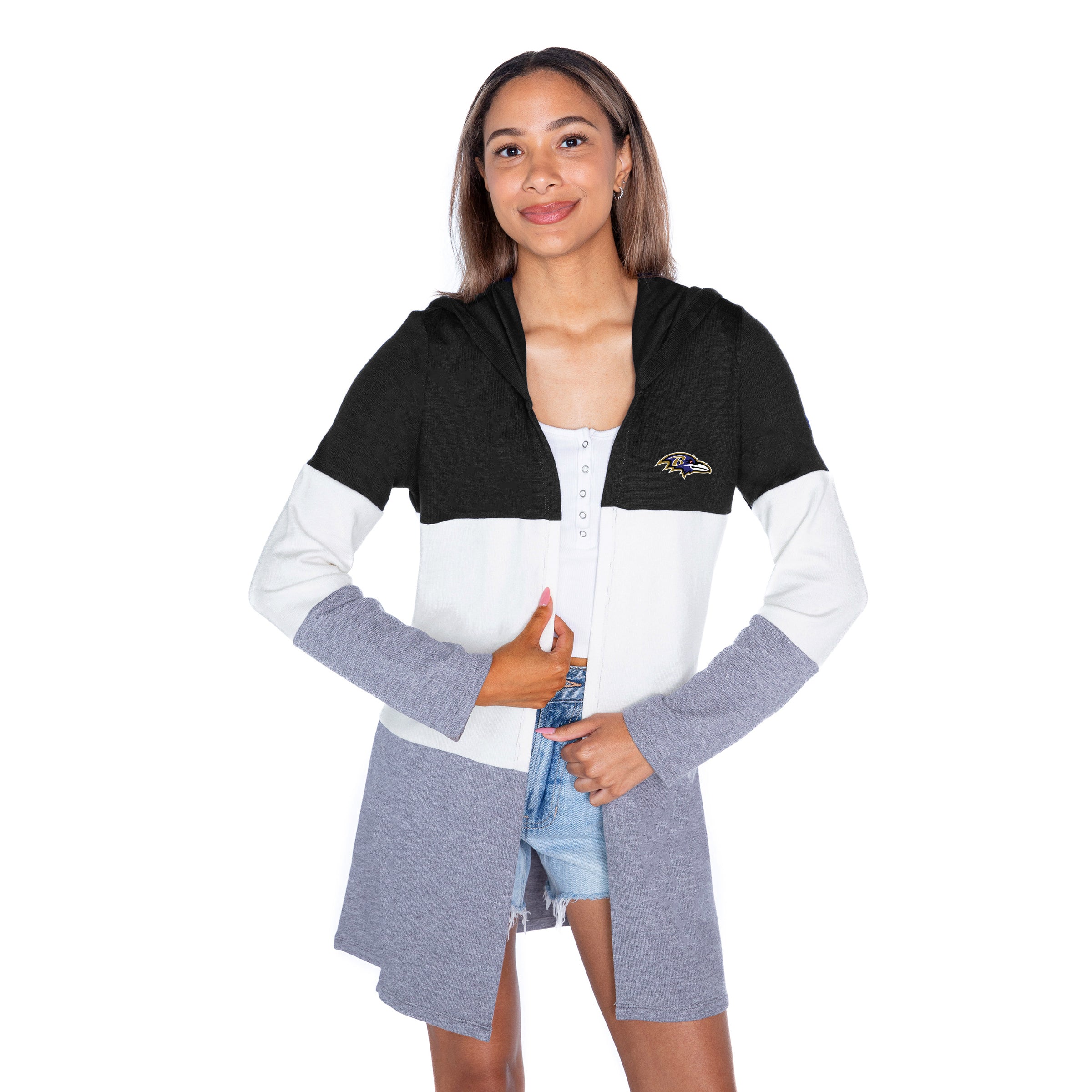 BALTIMORE RAVENS INSIGNIA WOMEN'S LIGHTWEIGHT LONG SLEEVE HOODED CARDIGAN WITH OPEN FRONT AND BOLD COLORBLOCK DETAIL