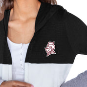 BELLARMINE KNIGHTS INSIGNIA WOMEN'S LIGHTWEIGHT LONG SLEEVE HOODED CARDIGAN WITH OPEN FRONT AND BOLD COLORBLOCK DETAIL