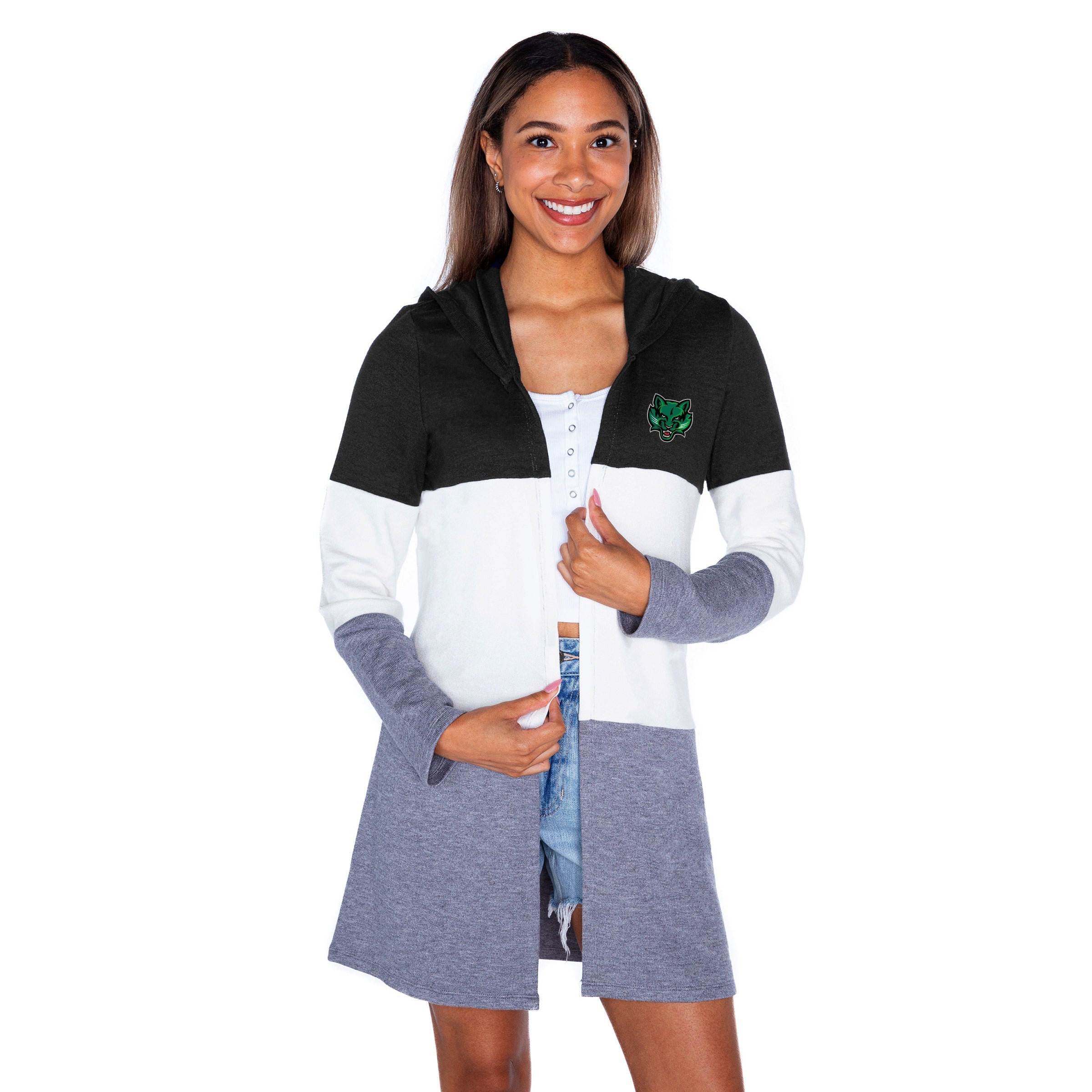 BINGHAMTON BEARCATS INSIGNIA WOMEN'S LIGHTWEIGHT LONG SLEEVE HOODED CARDIGAN WITH OPEN FRONT AND BOLD COLORBLOCK DETAIL