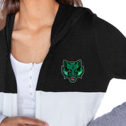 BINGHAMTON BEARCATS INSIGNIA WOMEN'S LIGHTWEIGHT LONG SLEEVE HOODED CARDIGAN WITH OPEN FRONT AND BOLD COLORBLOCK DETAIL