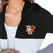 BOWLING GREEN FALCONS INSIGNIA WOMEN'S LIGHTWEIGHT LONG SLEEVE HOODED CARDIGAN WITH OPEN FRONT AND BOLD COLORBLOCK DETAIL