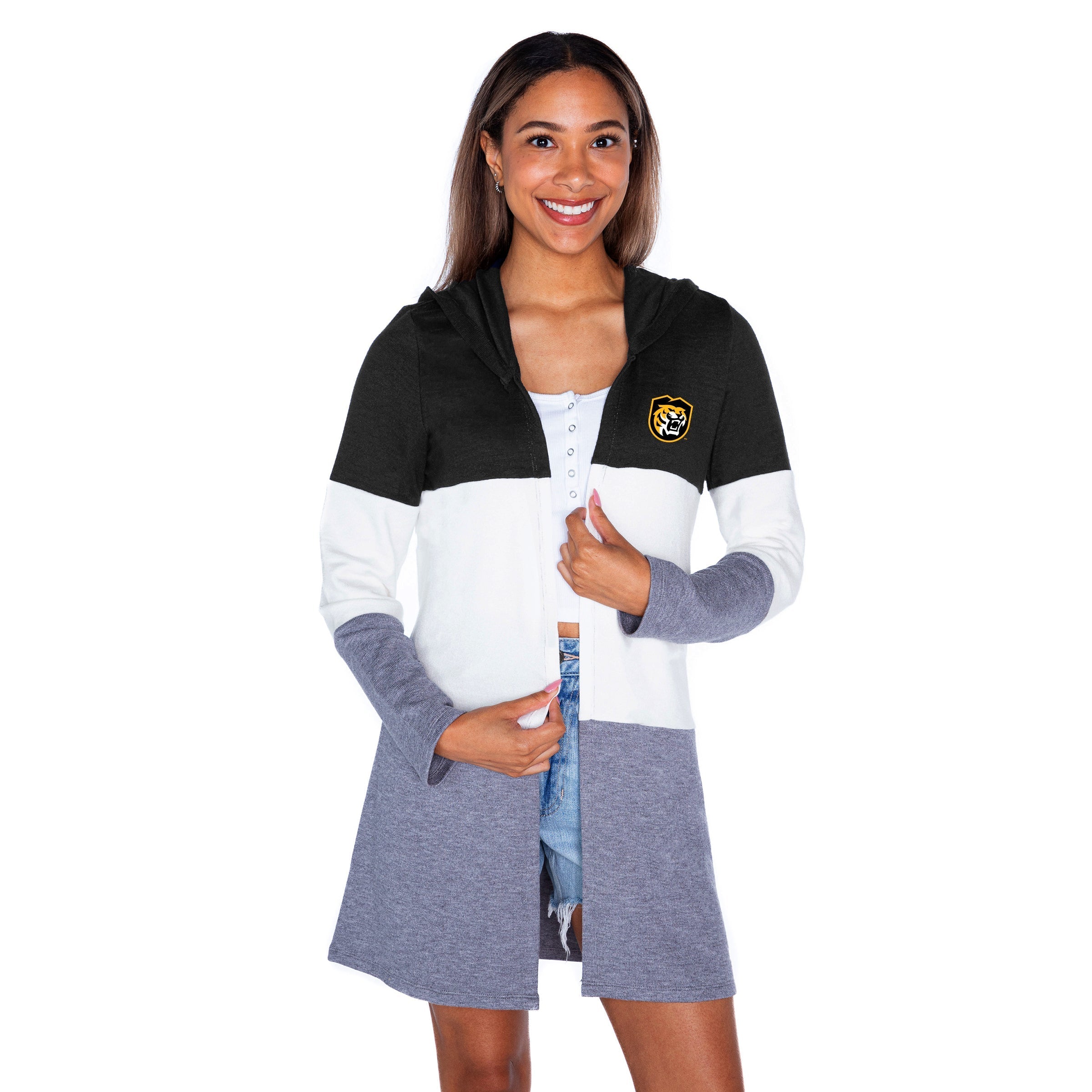 COLORADO TIGERS INSIGNIA WOMEN'S LIGHTWEIGHT LONG SLEEVE HOODED CARDIGAN WITH OPEN FRONT AND BOLD COLORBLOCK DETAIL